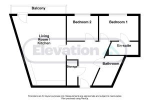 Two-bedroom flat floor plan with balcony, en-suite.