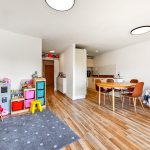 Spacious open-plan living room with kitchen and play area.