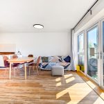 Bright modern living room with dining table and sofa.