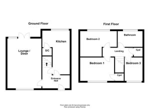 Two-storey floor plan with three bedrooms.