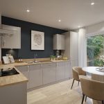 Modern kitchen with dining area, large window view