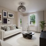 Modern living room with art and large window