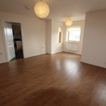 Spacious empty room with wooden flooring and lighting.