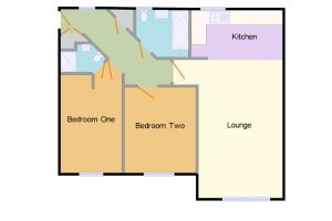 Two-bedroom flat floor plan with kitchen and lounge.