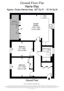 Ground floor flat layout with balcony and two bedrooms.