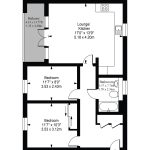 Two-bedroom flat floor plan with balcony, bathroom, kitchen.
