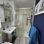 Modern bathroom with shower and blue accent wall.