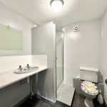 Small bathroom with sink, shower, and toilet.