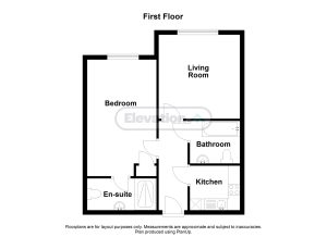 First floor layout with bedroom, living room, kitchen.