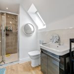 Modern bathroom with shower, sink, toilet, and skylight.
