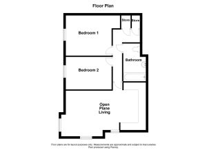 Two-bedroom flat floor plan with bathroom, storage.