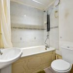 Small bathroom with bath, shower, and toilet.