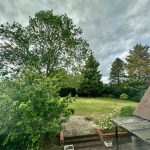 Lush garden with trees and overcast sky