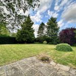 Spacious garden with lush green trees and grass.
