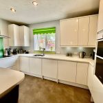 Modern kitchen with white cabinets and green backsplash.