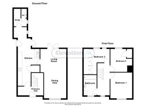 Two-storey house floor plan with three bedrooms.