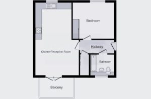 Flat layout with balcony, one bedroom, kitchen, bathroom.