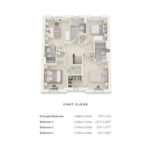 First floor plan with four bedrooms and bathrooms.