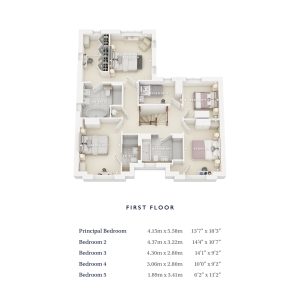 Detailed first-floor layout with bedrooms and bathrooms.