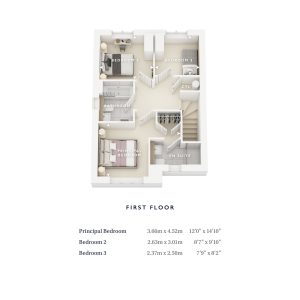 First floor plan with three bedrooms, bathroom, en-suite.