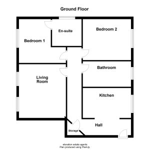 Two-bedroom flat floor plan with en-suite and kitchen.