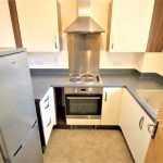 Compact modern kitchen with oven and fridge
