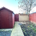 Red garden shed beside brick wall and tree.