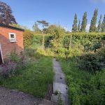 Overgrown garden with brick shed and fence