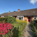 Cottage with red door and vibrant front garden.