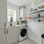 Modern utility room with washing machine and shelves