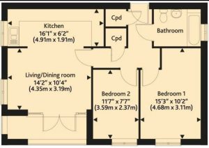 Two-bedroom flat floor plan with kitchen and bathroom.
