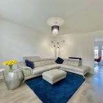 Modern living room with grey sofa and blue rug.