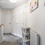 Bright carpeted hallway with white doors