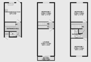 Three-storey floor plan with rooms labelled.
