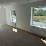 Bright empty room with large windows and carpet floor.