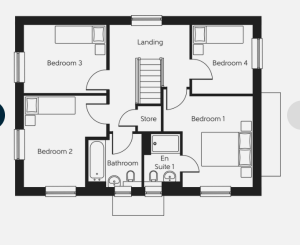 Four-bedroom house floor plan with bathrooms.