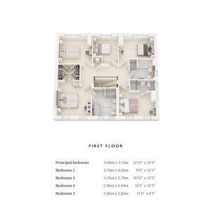 First floor plan with five bedrooms overview.
