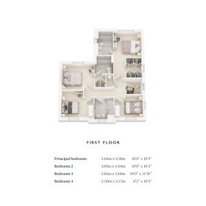 First floor with bedrooms and dimensions.