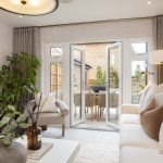 Modern living room with patio view