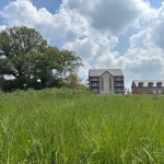 Green field with buildings and trees under cloudy sky.