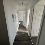 Modern hallway with dark wood flooring and doors.