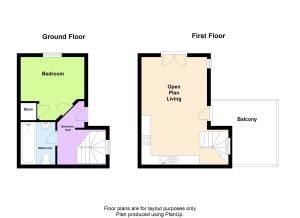 Two-storey floor plan with balcony and open living space.