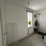 Minimalist hallway with plant on windowsill.