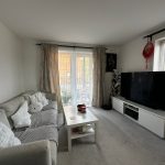Modern living room with sofa and large TV.