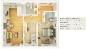 3D flat layout with room measurements.