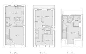 Three-storey house floor plan with detailed rooms.