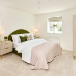 Modern bedroom with bed, nightstands, and windows