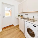 Modern utility room with sink and washing machine.