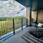 Modern balcony with countryside view.