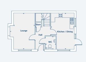 Ground floor layout with lounge, kitchen, WC.